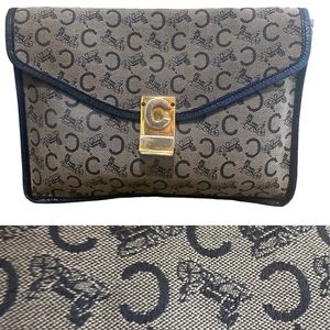 RARE Vintage CELINE Denim Leather Trim Horse & Carriage Logo Envelope Clutch